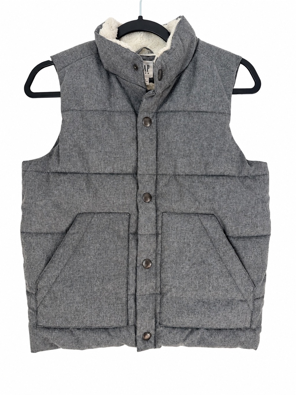 Gap Kids Gray Puffer Vest Sherpa Fleece Lined Snap Front Winter Pocket Unisex M